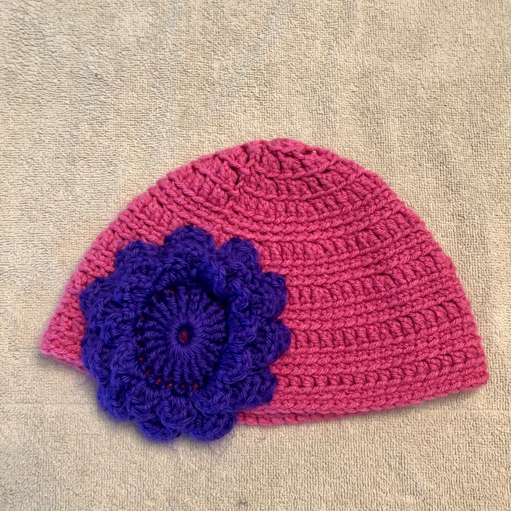 Children's Handmade Pink w/ Purple Flower Beanie